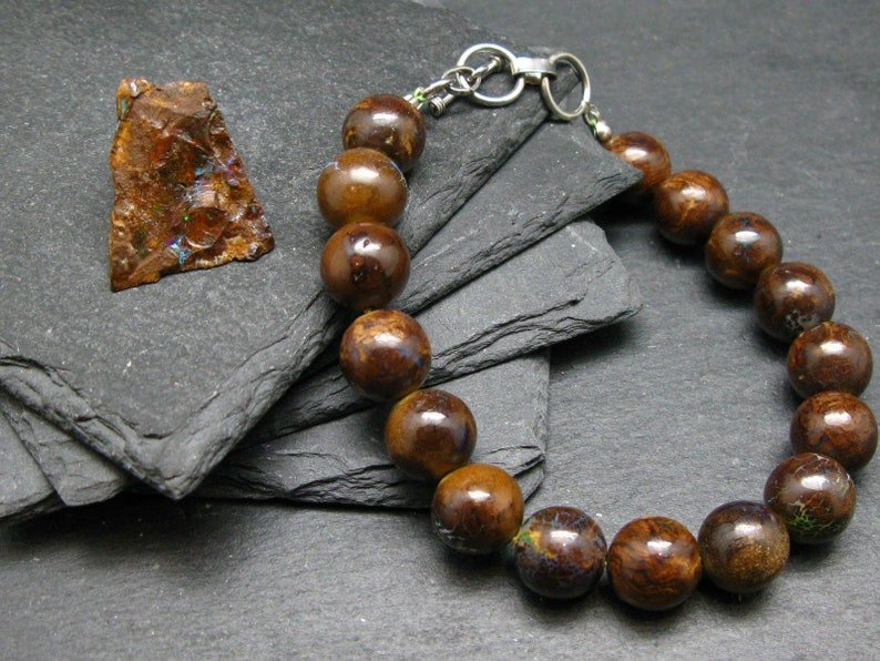 Boulder Opal Round 12mm Smooth beads adjustable stacking bracelet | STK-1783