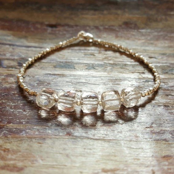 Crystal Quartz Cube 6mm Smooth beads adjustable stacking bracelet | STK-2339