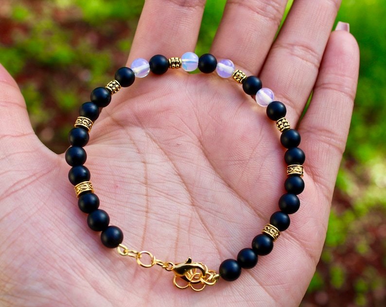 Black Onyx & Opal Round 8mm Smooth beads adjustable stacking bracelet | STK-1146