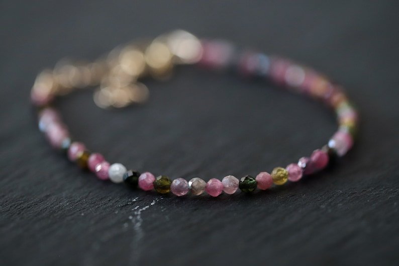 Multi Tourmaline Round 3mm Faceted beads adjustable stacking bracelet | STK-4891