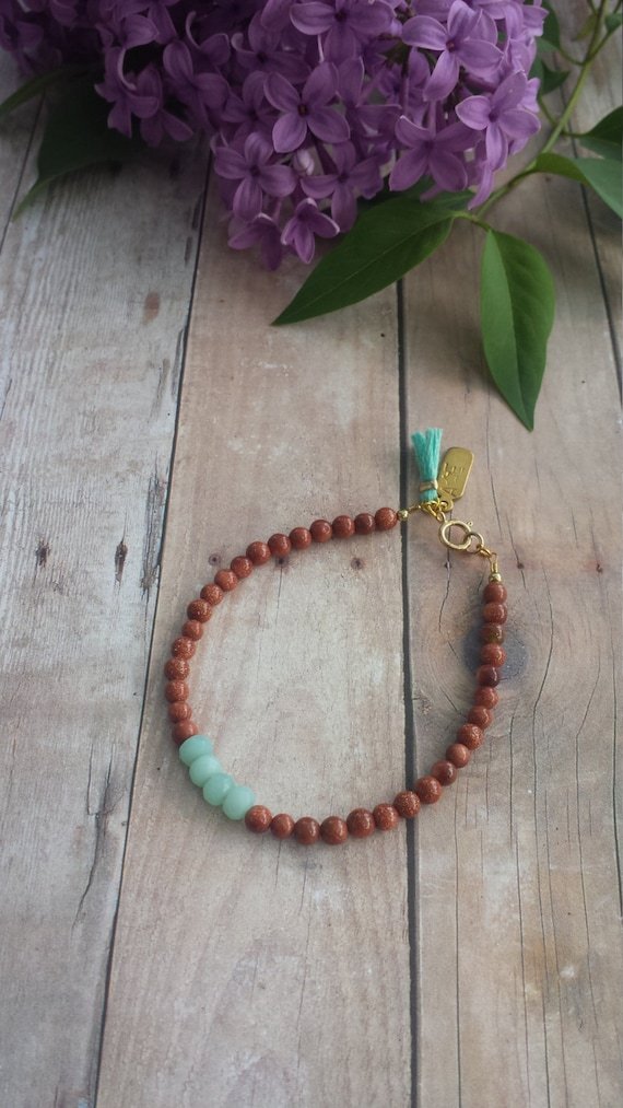 Amazonite & Sunstone Mix 4-6mm Smooth beads adjustable stacking bracelet | STK-0136