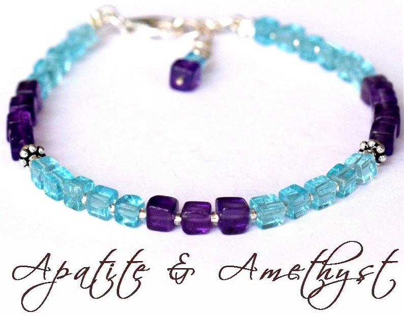 Amethyst & Apatite Cube 3.5-4mm Smooth beads adjustable stacking bracelet | STK-0375