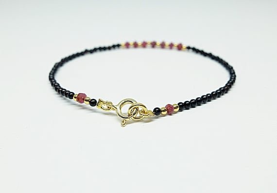 Black Onyx & Ruby Round 2-2.5mm Smooth beads adjustable stacking bracelet | STK-1152