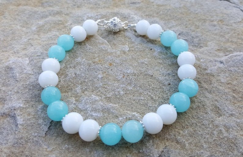 Amazonite & White Agate Round 8mm Smooth beads adjustable stacking bracelet | STK-0124