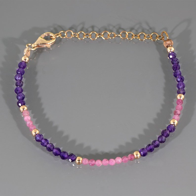 Amethyst & Pink Tourmaline Round 2mm Mix beads adjustable stacking bracelet | STK-0451