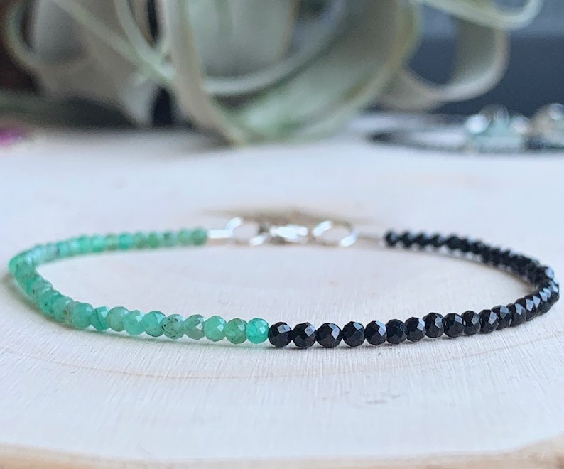 Emerald & Black Spinel Round 3mm Faceted beads adjustable stacking bracelet | STK-2533