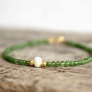 Green Jade With Pearl Round 2-6mm Smooth beads adjustable stacking bracelet | STK-3344