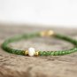 Green Jade With Pearl Round 2-6mm Smooth beads adjustable stacking bracelet | STK-3344