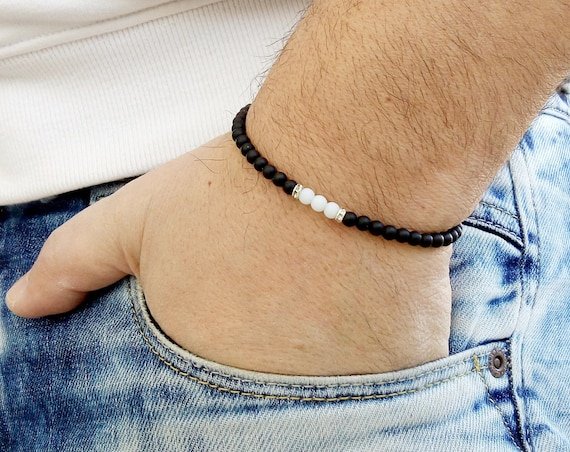 Black Onyx & White Agate Round 4mm Smooth beads adjustable stacking bracelet | STK-1154