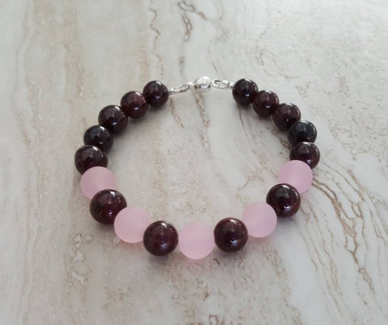 Garnet & Matte Pink Jade Round 8mm Smooth beads adjustable stacking bracelet | STK-3156
