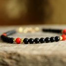 Black Onyx With Red Coral Round 4mm Smooth beads adjustable stacking bracelet | STK-1162