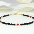 Black Onyx With Red Coral Round 3mm Smooth beads adjustable stacking bracelet | STK-1163