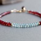Garnet & Aquamarine Rondelle 3-4mm Faceted beads adjustable stacking bracelet | STK-3127