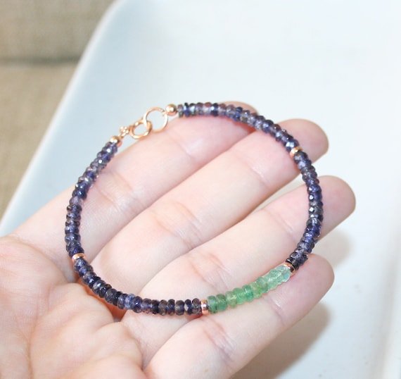 Iolite & Green Emerald Rondelle 3mm Faceted beads adjustable stacking bracelet | STK-3739