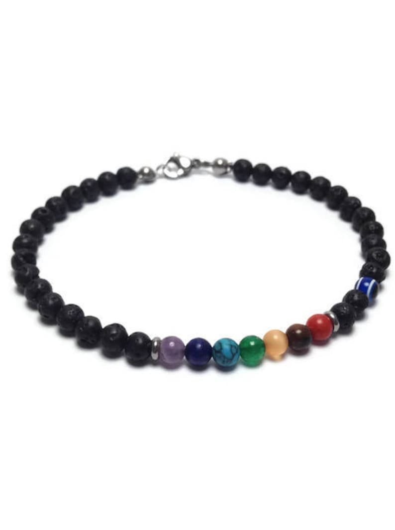 7 Stone Chakra & Black Lava Round 4mm Smooth beads adjustable stacking bracelet | STK-0019