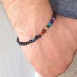7 Stone Chakra & Black Lava Round 4mm Smooth beads adjustable stacking bracelet | STK-0019