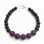 Amethyst & Black Obsidian Round 6-8mm Smooth beads adjustable stacking bracelet | STK-0379