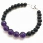 Black Obsidian & Amethyst Round 6-8mm Smooth beads adjustable stacking bracelet | STK-1083