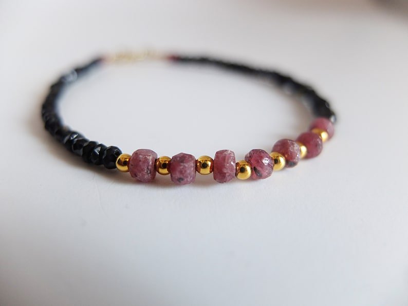 Black Spinel & Ruby Rondelle 3-4.5mm Faceted beads adjustable stacking bracelet | STK-1372