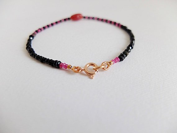 Black Spinel & Ruby Rondelle 2-2.5mm Faceted beads adjustable stacking bracelet | STK-1373