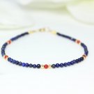 Lapis Lazuli With Red Coral Round 3mm Smooth beads adjustable stacking bracelet | STK-4344