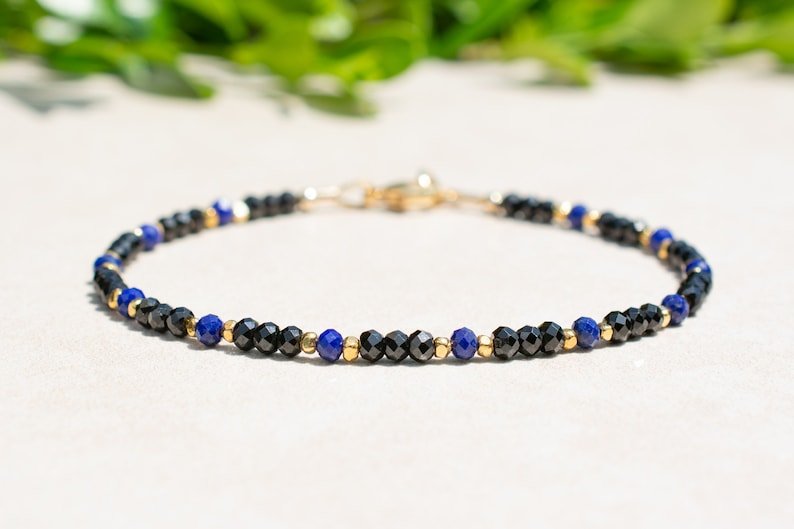 Black Spinel & Lapis Lazuli Round 3mm Faceted beads adjustable stacking bracelet | STK-1362