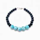 Larimar & Black Tourmaline Round 6-8mm Smooth beads adjustable stacking bracelet | STK-4407