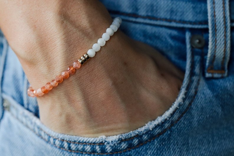 Rainbow Moonstone & Sunstone Round 4mm Faceted beads adjustable stacking bracelet | STK-5269