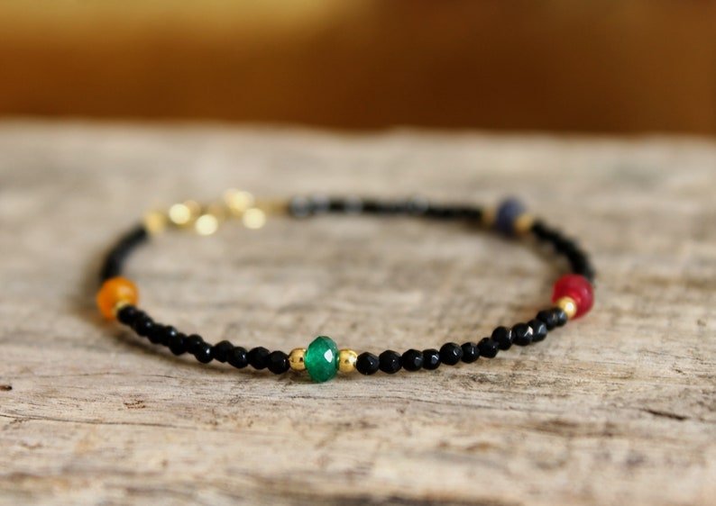 Black Onyx & Multi Gemstone Round 2-4mm Faceted beads adjustable stacking bracelet | STK-1145