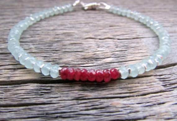 Blue Chalcedony & Ruby Rondelle 3.5-4mm Faceted beads adjustable stacking bracelet | STK-1560