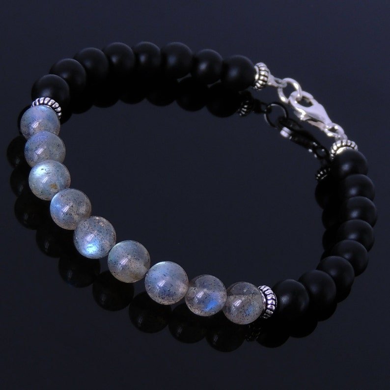 Labradorite & Matte Black Onyx Round 8mm Smooth beads adjustable stacking bracelet | STK-4043