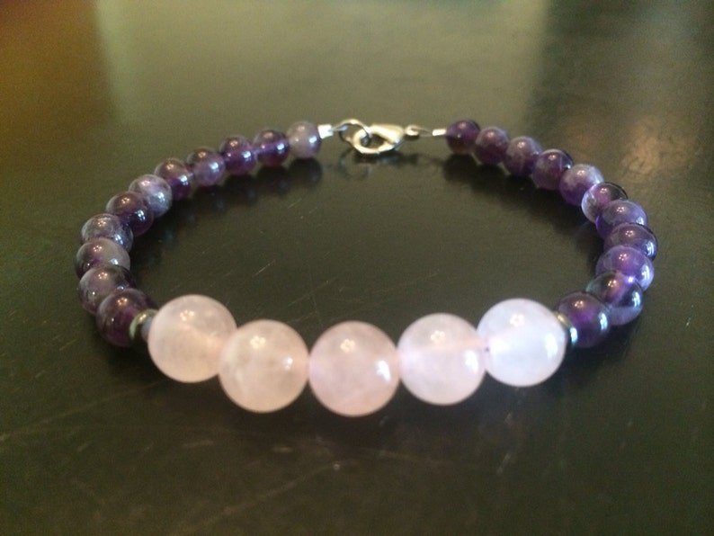 Multi Amethyst & Rose Quartz Round 6-8mm Smooth beads adjustable stacking bracelet | STK-4692