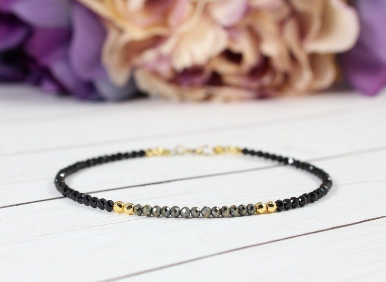 Black Spinel & Copper Pyrite Round 2.5mm Faceted beads adjustable stacking bracelet | STK-1348