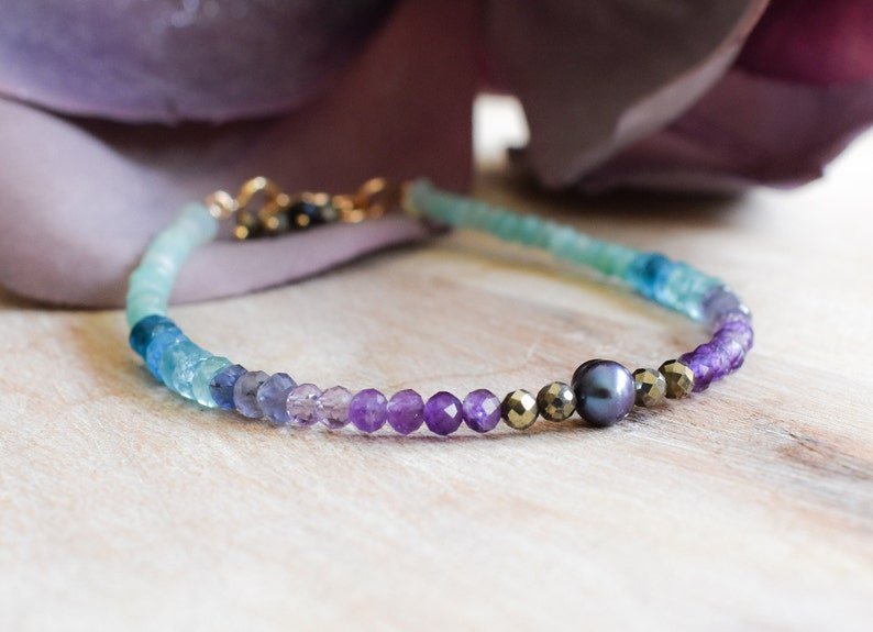 Apatite, Amethyst & Amazonite Round 3-4mm Faceted beads adjustable stacking bracelet | STK-0671