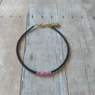 Black Obsidian & Pink Sapphire Rondelle 2-3mm Faceted beads adjustable stacking bracelet | STK-1086
