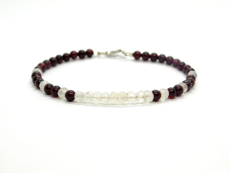 Garnet & Rainbow Moonstone Round 4mm Faceted & Smooth beads adjustable stacking bracelet | STK-3164