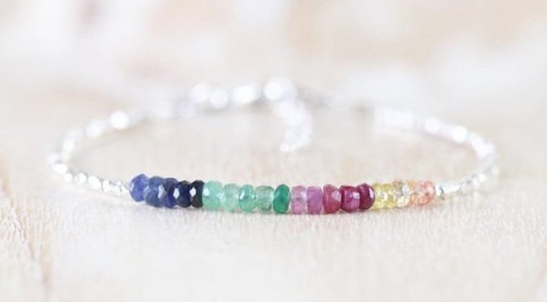 Multi Sapphire, Emerald & Ruby Rondelle 3-4mm Faceted beads adjustable stacking bracelet | STK-4844