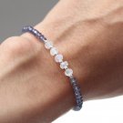 Rainbow Moonstone & Blue Sapphire Round 3-4mm Faceted beads adjustable stacking bracelet | STK-5252