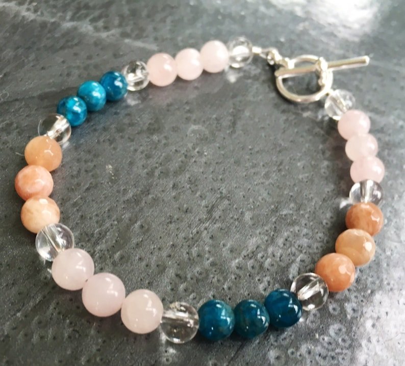 Apatite, Rose Quartz & Crystal Quartz Round 8mm Smooth beads stacking bracelet | STK-0688
