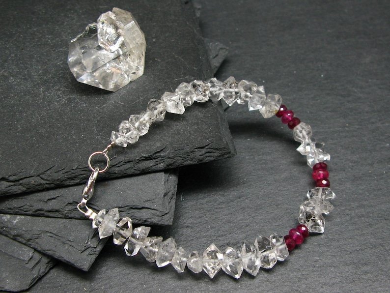 Herkimer Diamond & Ruby Rondelle & Fancy 3-6mm Faceted beads stacking bracelet | STK-3568