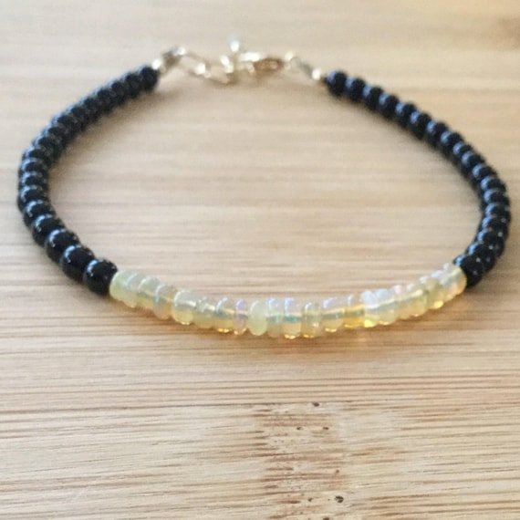 Black Onyx & Ethiopian Fire Opal Rondelle 4-4.5mm Smooth beads stacking bracelet | STK-1143