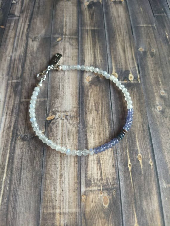 Rainbow Moonstone, Iolite & Black Opal Round 3-4mm Smooth beads stacking bracelet | STK-5287