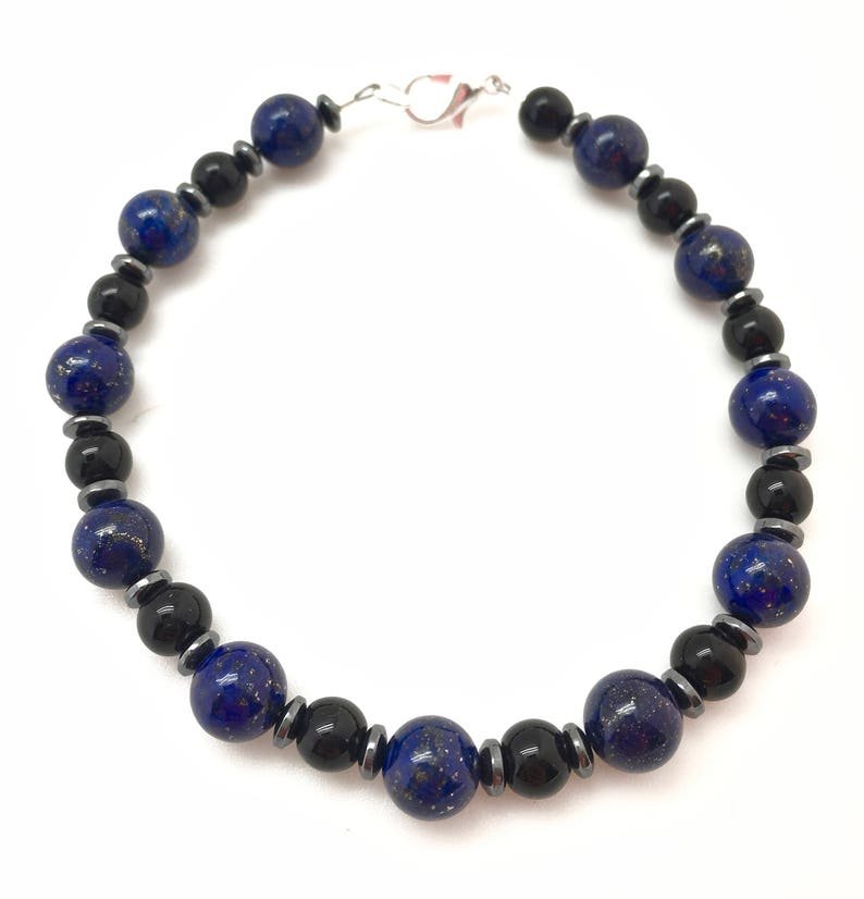 Black Obsidian, Hematite & Lapis Lazuli Round 6-8mm Smooth beads stacking bracelet | STK-1084