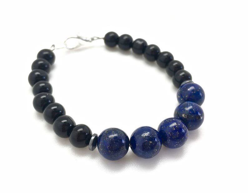 Black Obsidian, Hematite & Lapis Lazuli Round 6-8mm Smooth beads stacking bracelet | STK-1085
