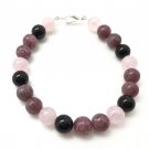 Lepidolite, Black Tourmaline & Rose Quartz Round 8mm Smooth beads stacking bracelet | STK-4469