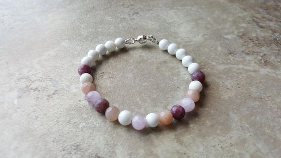 Lepidolite, Sunstone, Kunzite & White Agate Round 8mm Smooth beads stacking bracelet | STK-4470