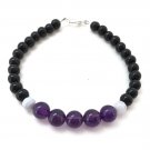 Amethyst, Black Obsidian & Blue Lace Agate Round 6-8mm Smooth beads stacking bracelet | STK-0491