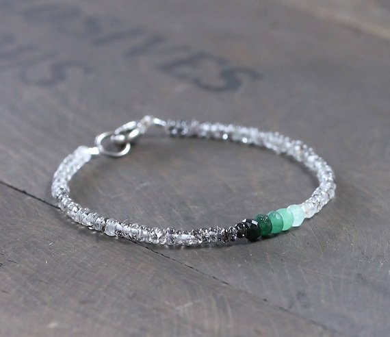 Black Rutilated Quartz & Ombre Emerald Rondelle 3-4mm Faceted beads stacking bracelet | STK-1195