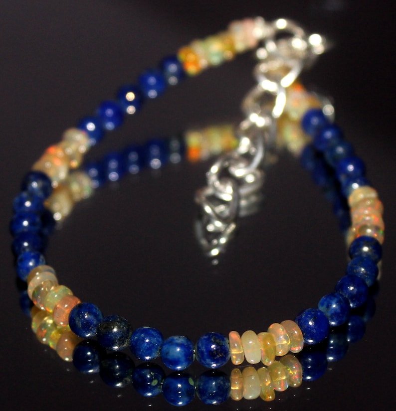 Lapis Lazuli & Ethiopian Opal Round & Rondelle 3.5-4mm Smooth beads stacking bracelet | STK-4315