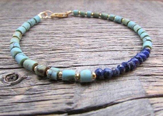 Lapis Lazuli & Turquoise Pipe & Round 3-3.5mm Smooth & Faceted beads stacking bracelet | STK-4367